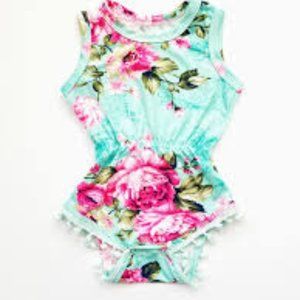 Cabbage - Rose Floral Pom Pom Aqua belted Romper Baby Girl one piece